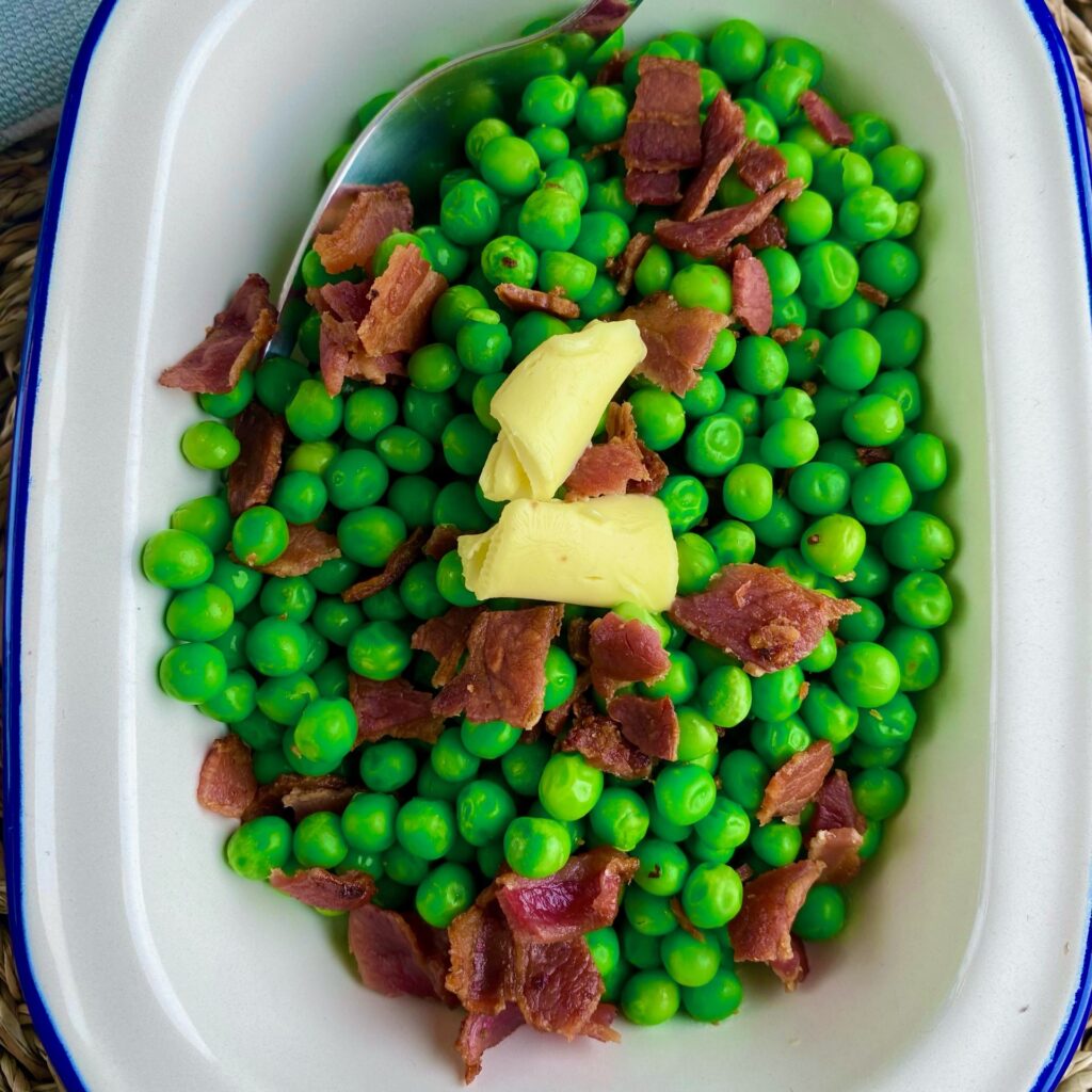 Peas with Bacon and Butter for 10 hour slow cooked lamb shoulder