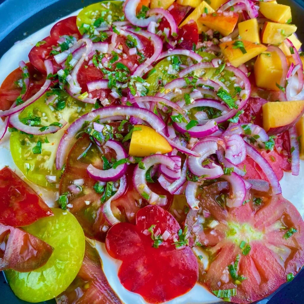 Heirloom Tomato and Stracciatella close up