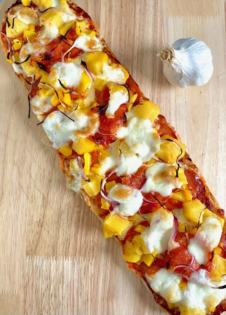 Vegetarian Turkish Bread Pizza with Roasted Peppers and Pineapple top down