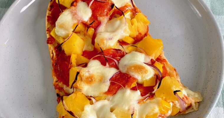 Vegetarian Turkish Bread Pizza with Roasted Peppers and Pineapple