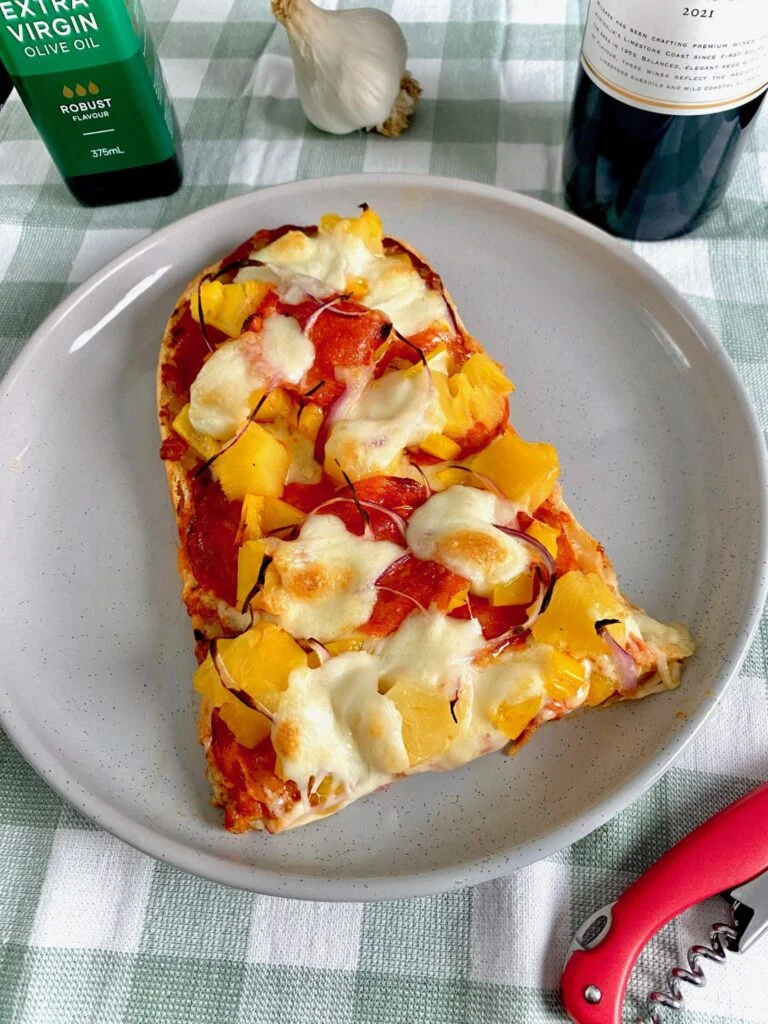 Vegetarian Turkish Bread Pizza with Roasted Peppers and Pineapple