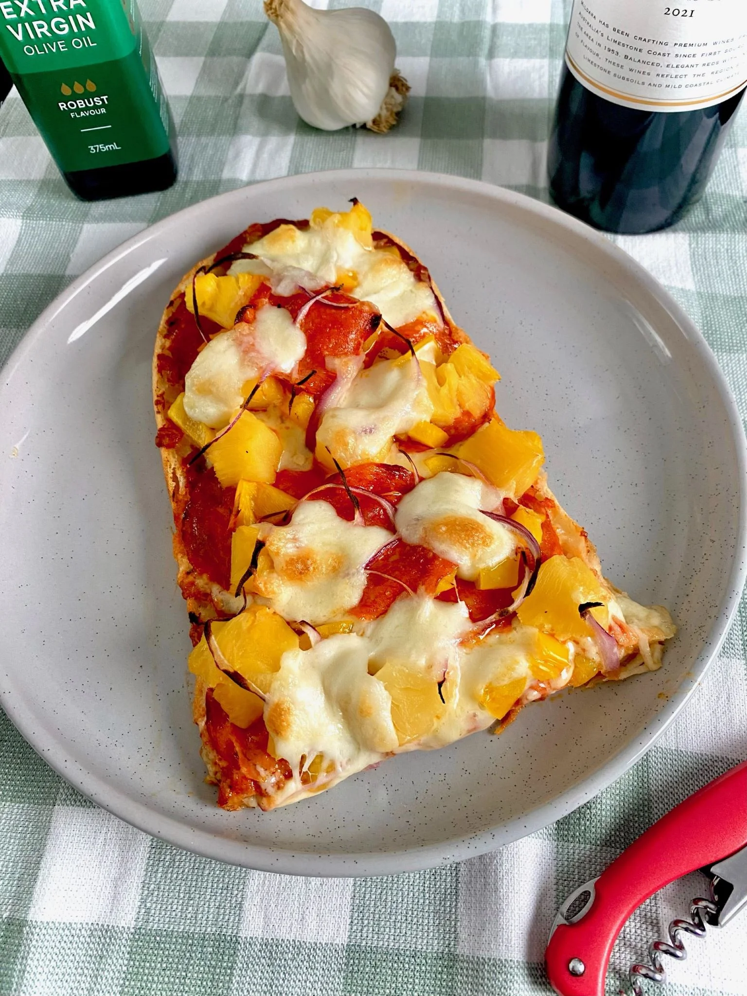 Vegetarian Turkish Bread Pizza with Roasted Peppers and Pineapple