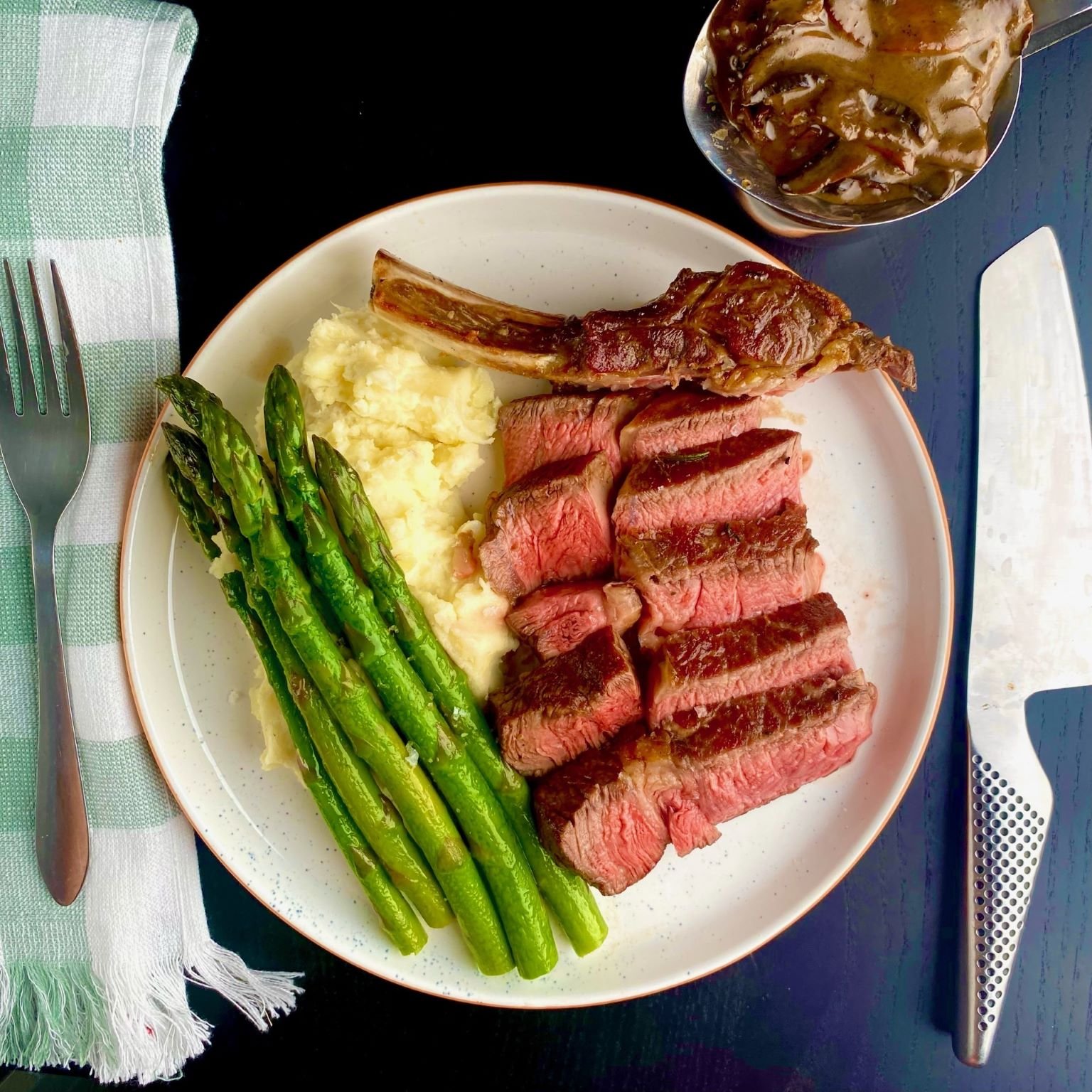 Ribeye Steak Dinner with Asparagus and Mash