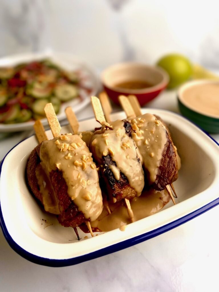 Beef Skewers with Peanut Sauce perfectly cooked