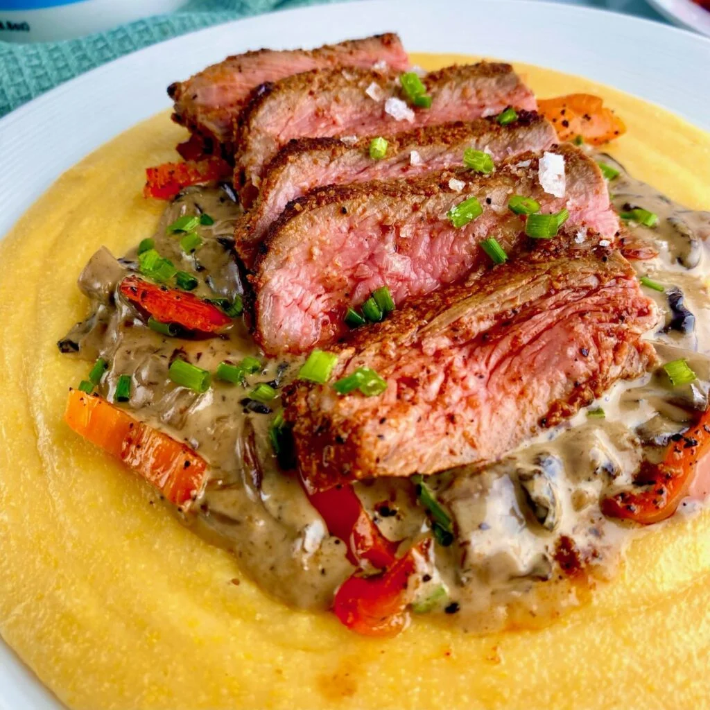 Cajun Steak and Grits with Mushroom Sauce