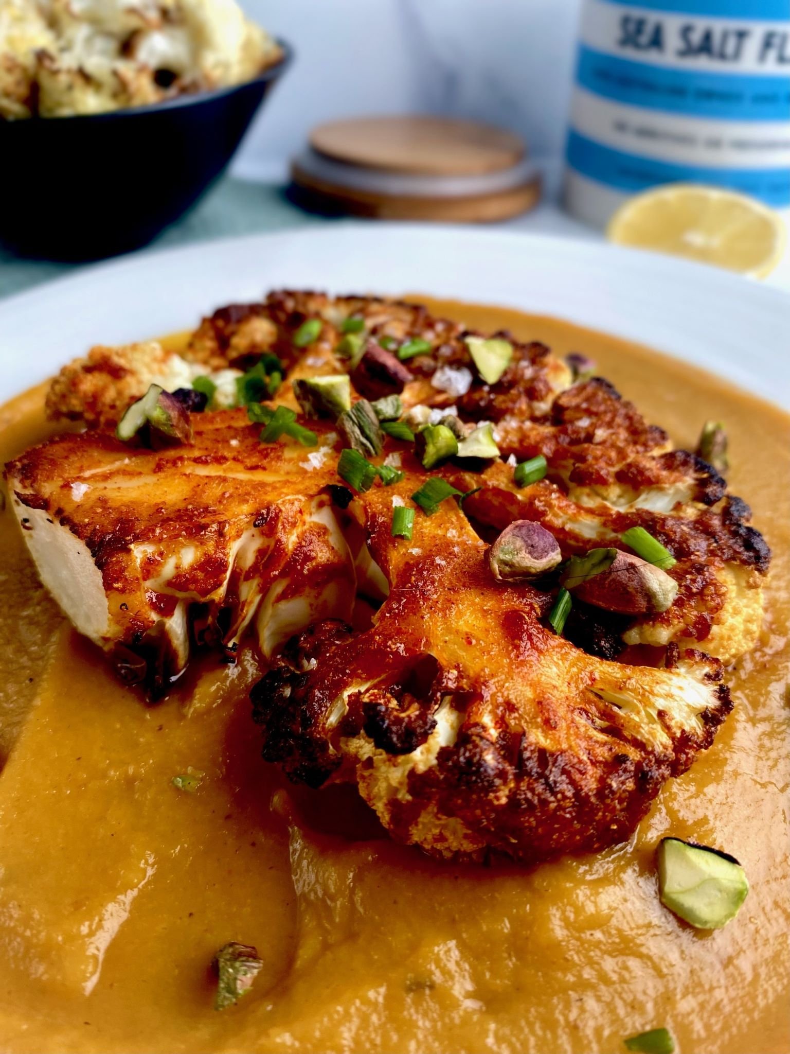 Harissa Roasted Cauliflower Steak with Butternut Squash Puree