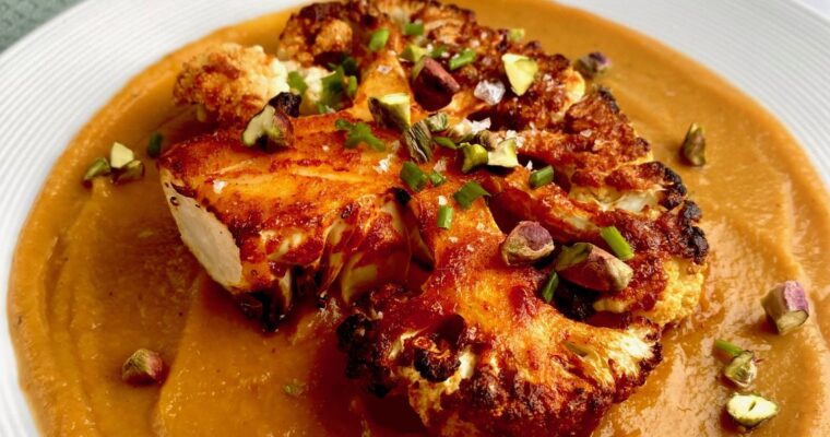 Harissa Roasted Cauliflower Steak with Butternut Squash Puree