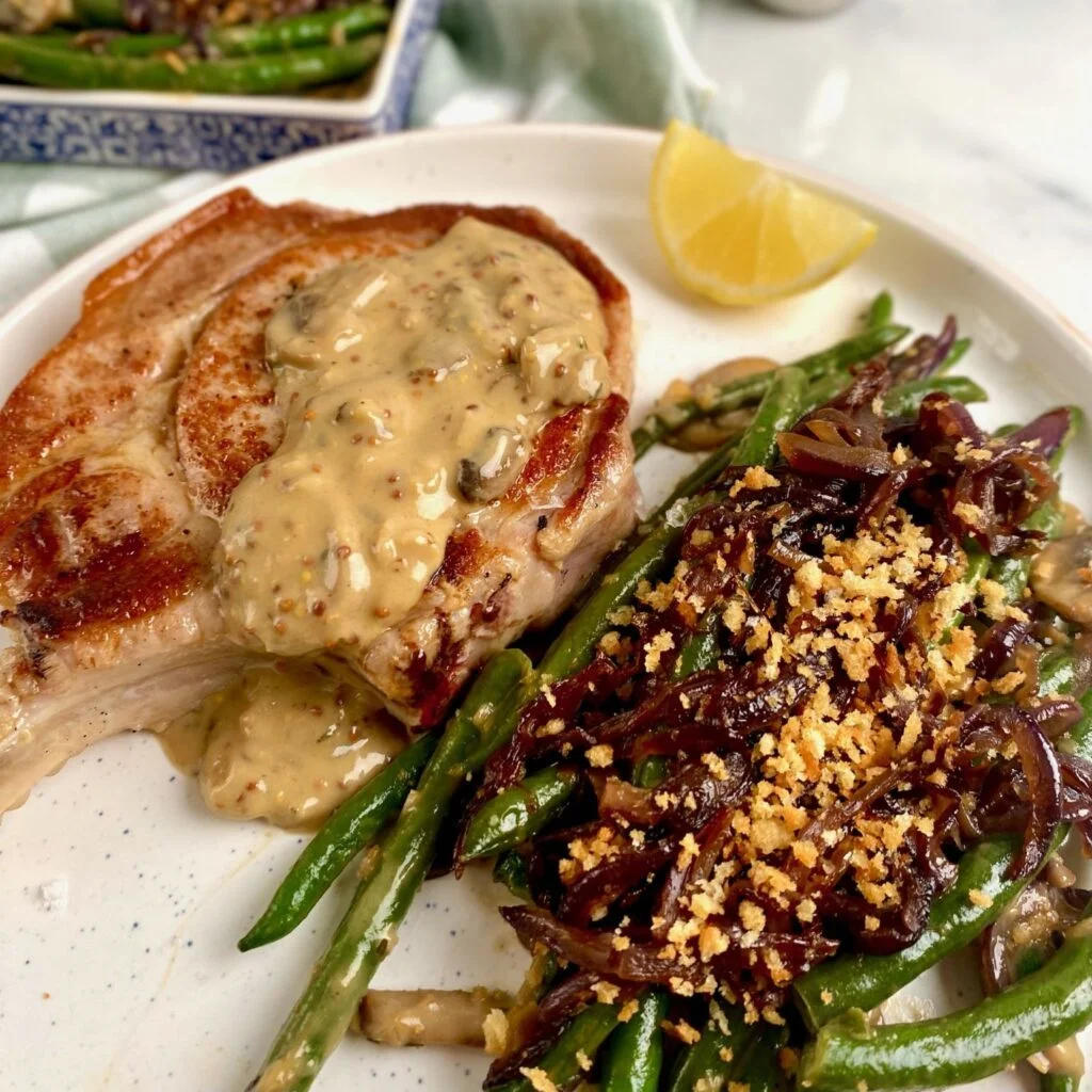 Pork Chops and Green Bean Casserole with Caramelized Onions and Toasted Breadcrumbs