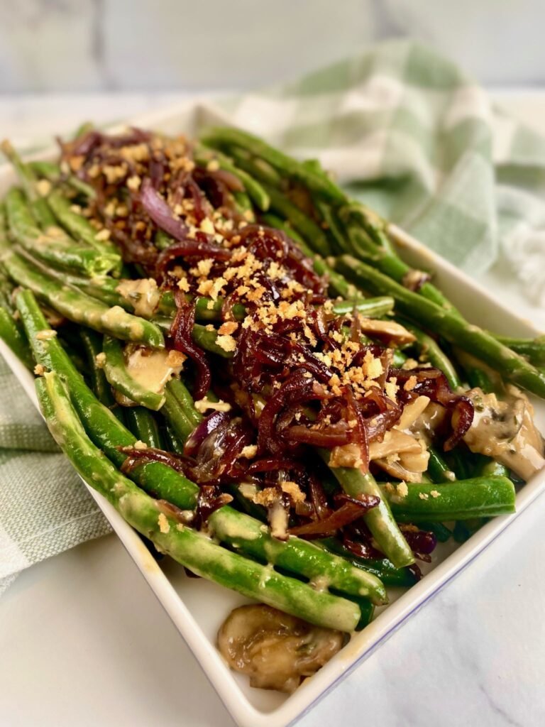 Southern Green Bean Casserole with toppings