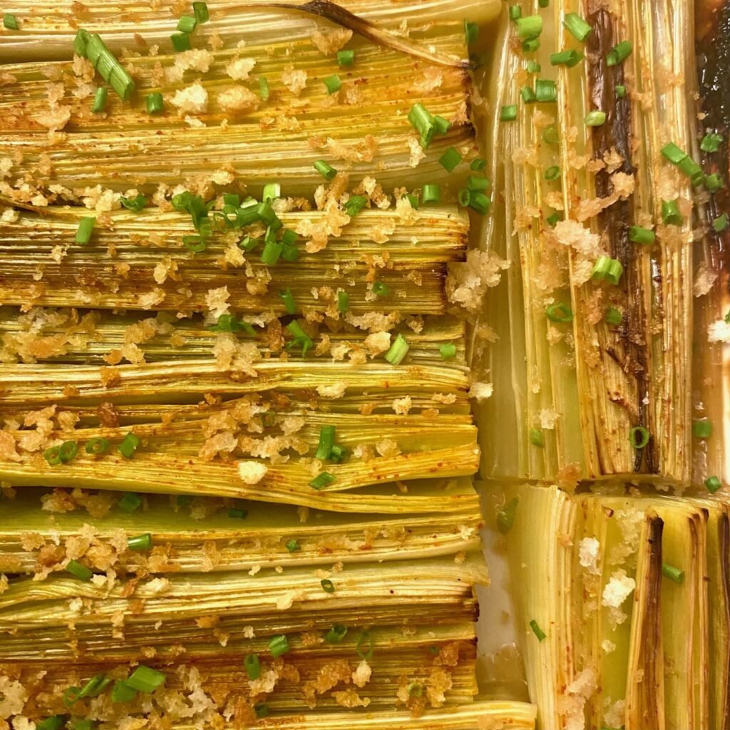 White Wine Braised Leeks with Panko Breadcrumbs