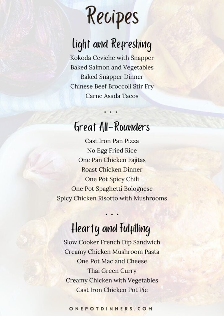 One Pot Dinner Cookbook Contents