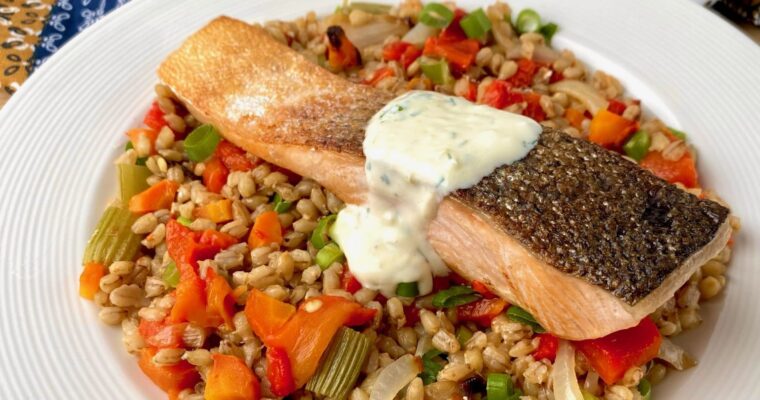 Salmon with Dill Sauce and Barley Salad