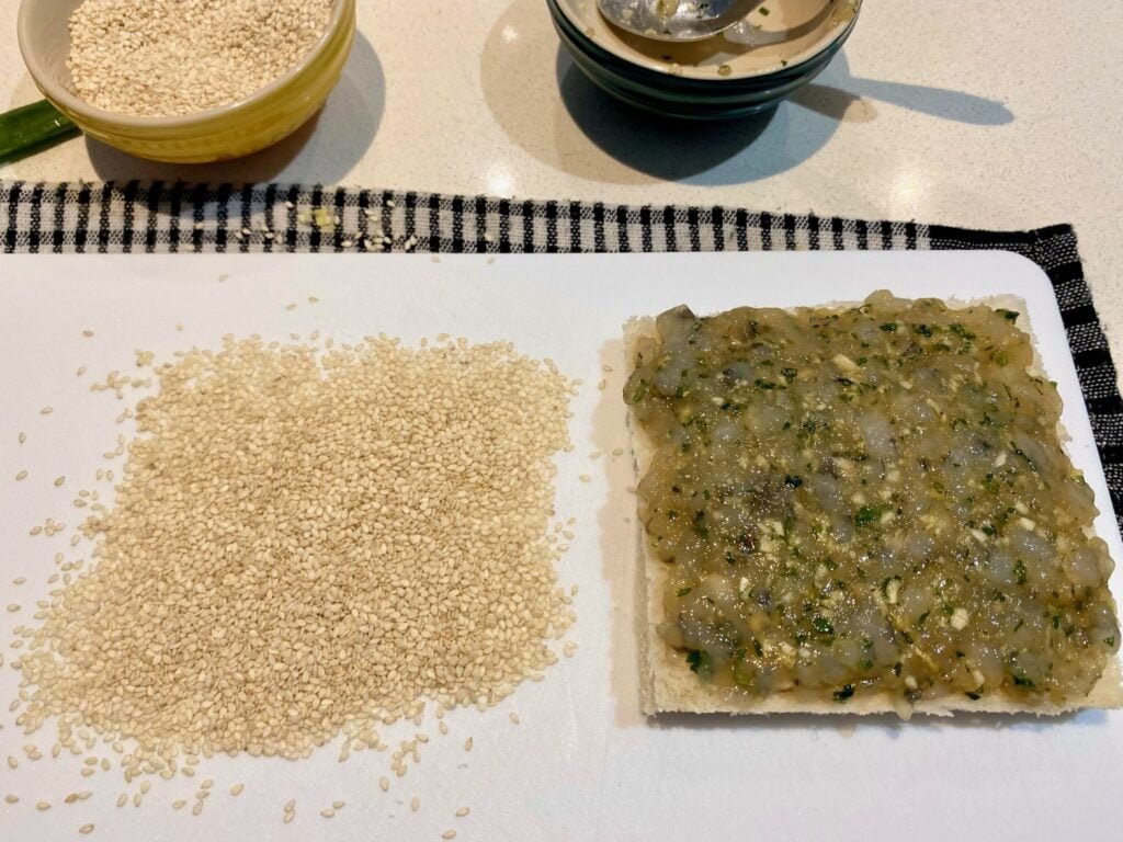 Coating Shrimp Toast with Sesame Seeds