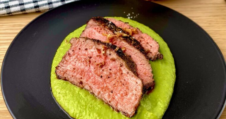 Peppercorn Steak and Pea Puree with Crispy Fried Scallions