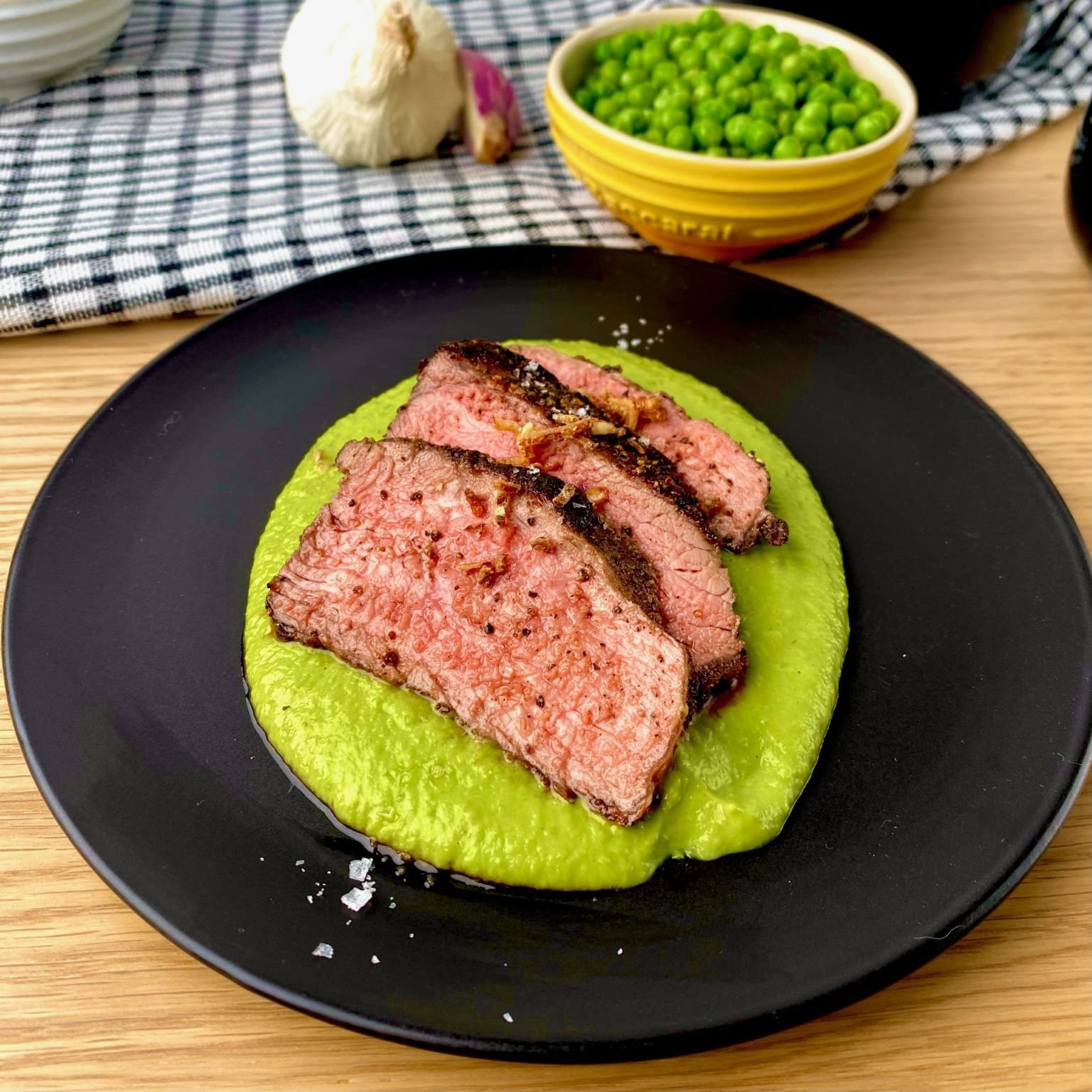 Peppercorn Steak and Pea Puree