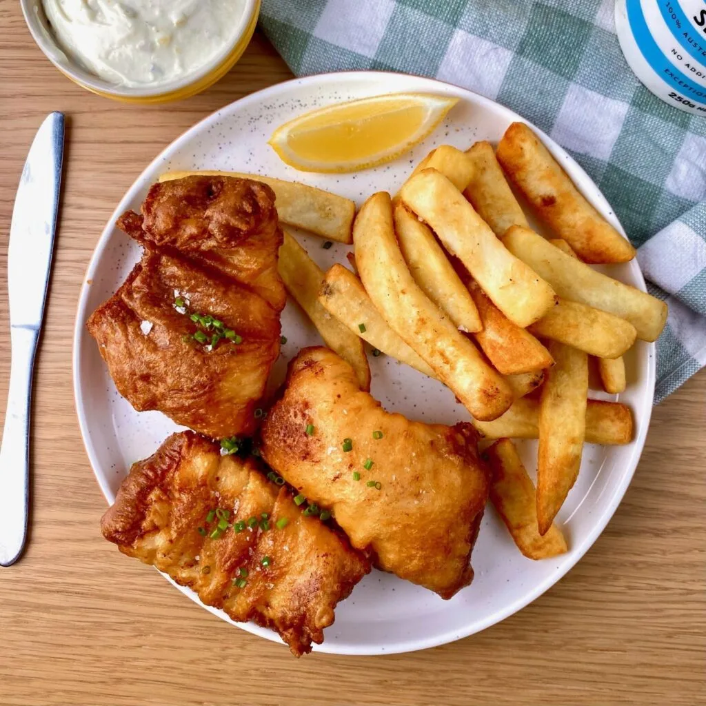 Beer Battered Fish and Chips on a plate