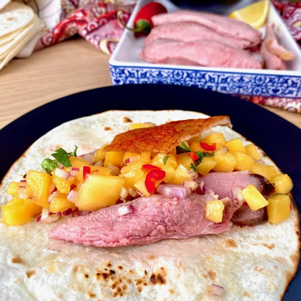 Duck Tacos with Mango Salsa and Chili