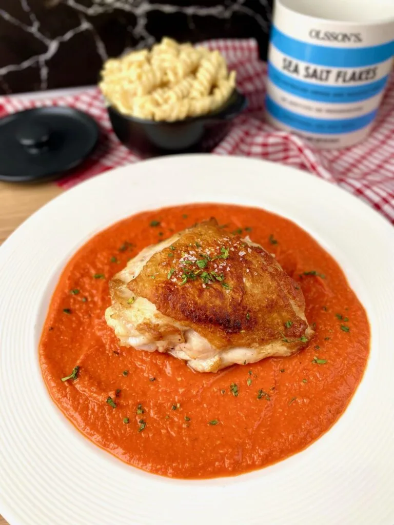 Crispy Chicken Skin on Romesco