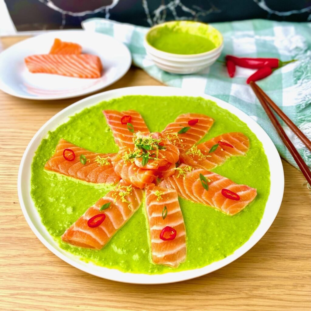Preparing Salmon Sashimi with Scallion Sauce