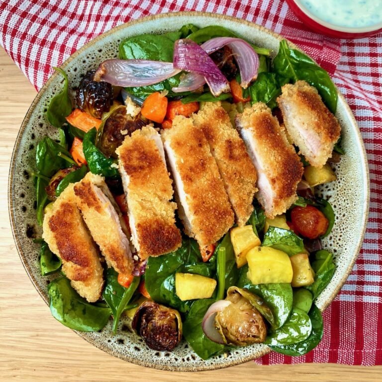 Chicken Schnitzel Salad with Roast Vegetables