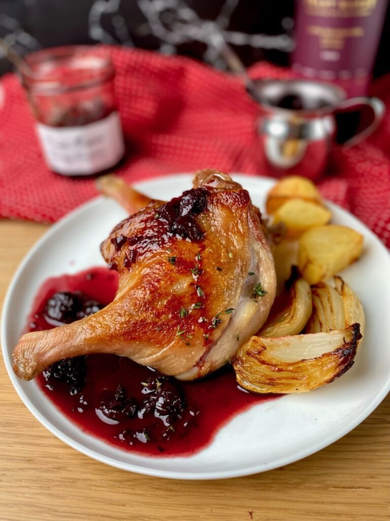 Crispy Duck Leg with Cherry Sauce plating