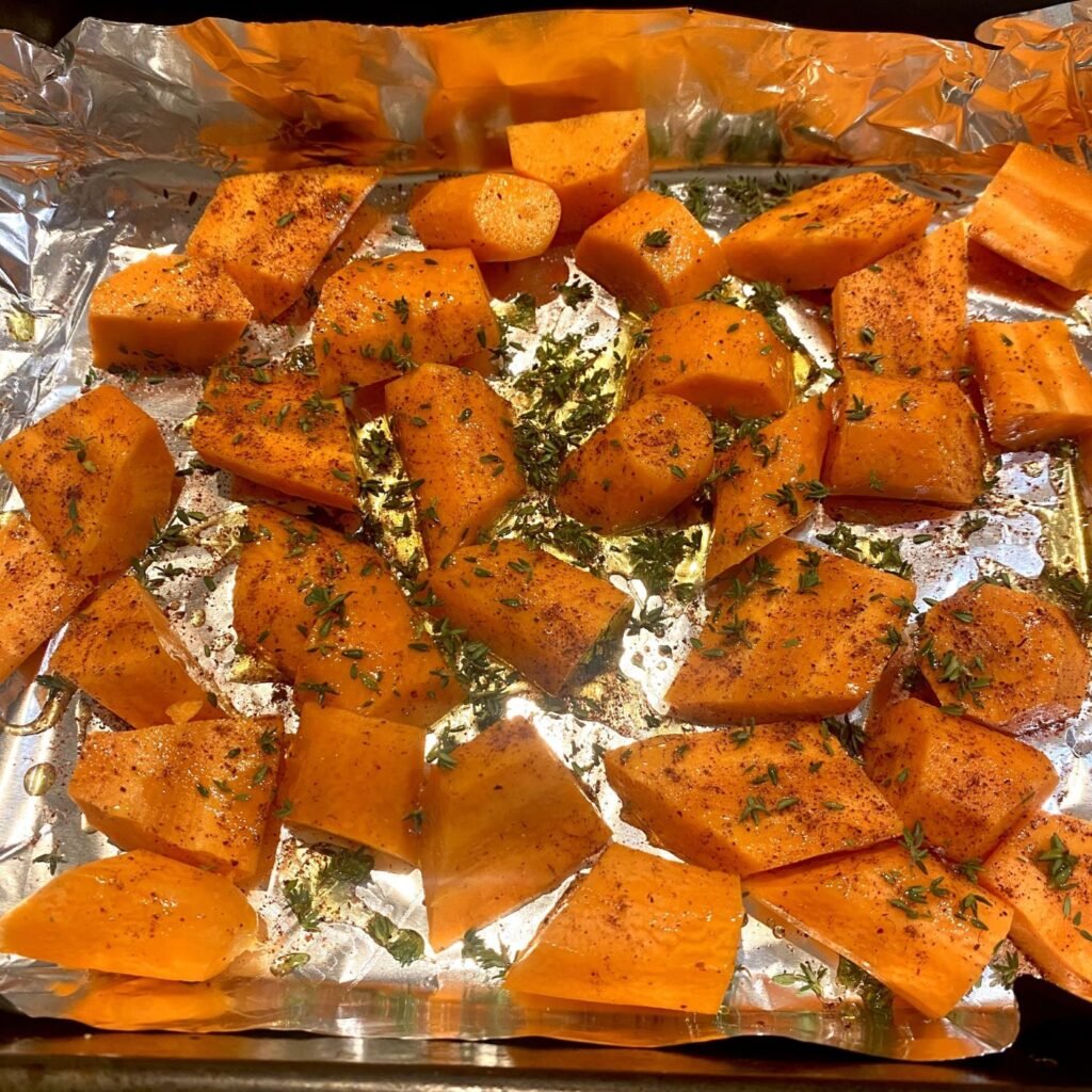 Carrots on sheet pan for roasting