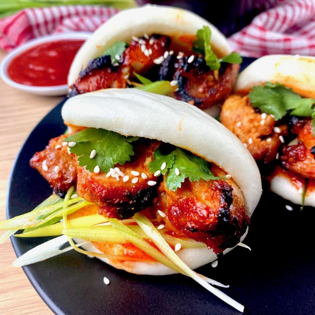 Korean Chicken Bao Buns made with Chicken Skewers