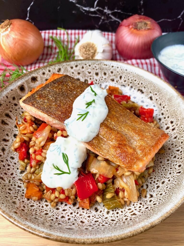 Grilled Trout with Barley and Dill Yoghurt Sauce