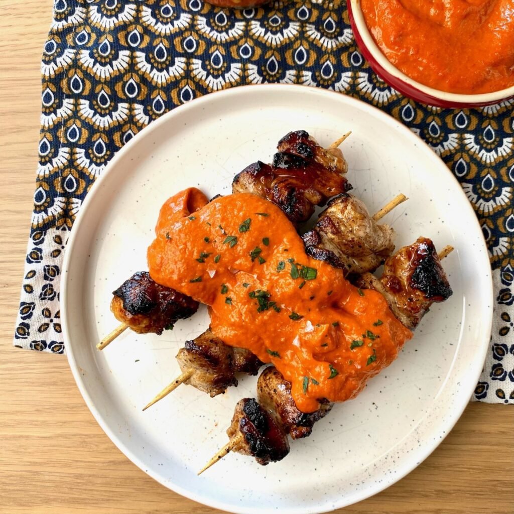 Charred Chicken Skewers with Mojo Picon Sauce