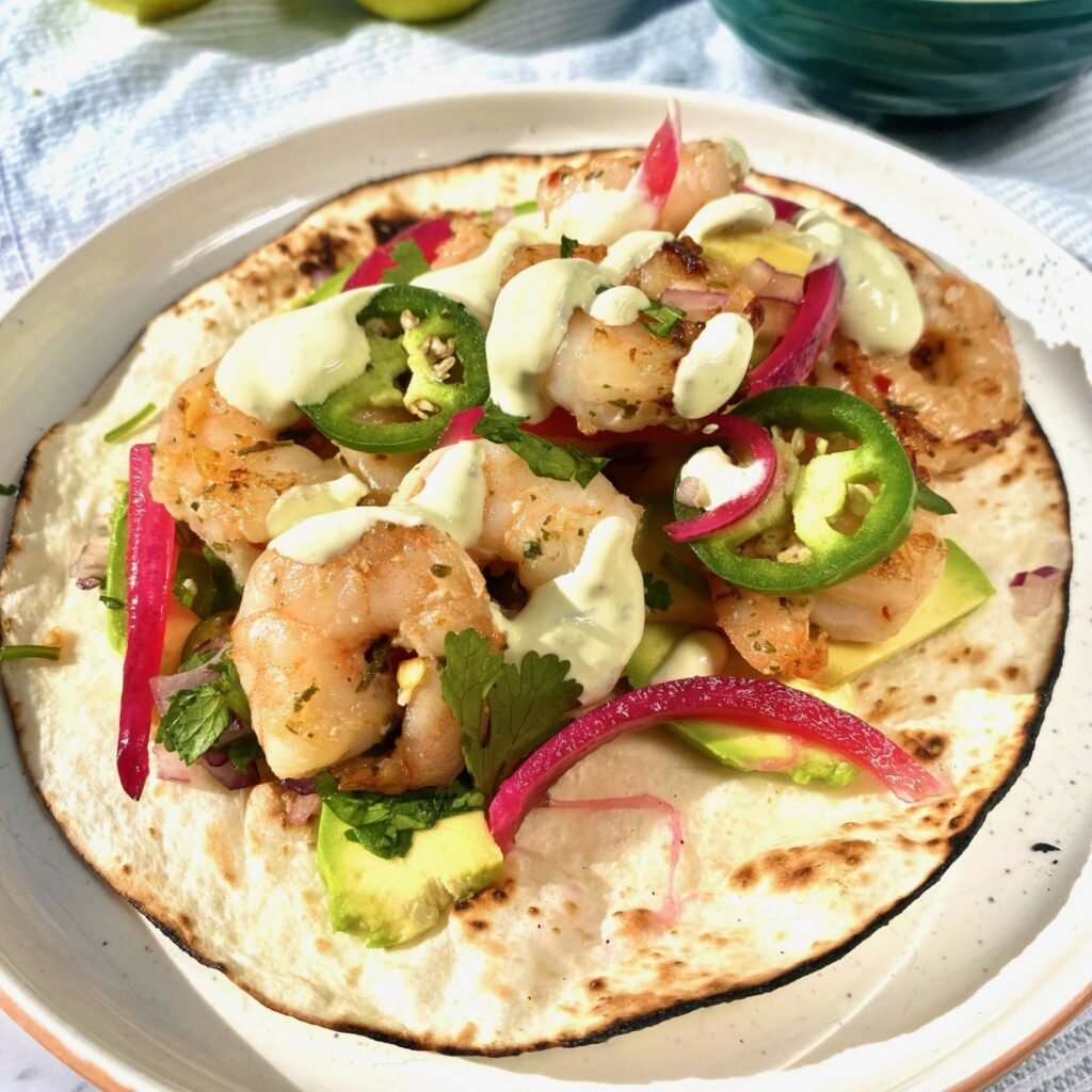 Shrimp Tacos with Lime Crema and Toasted Tortillas