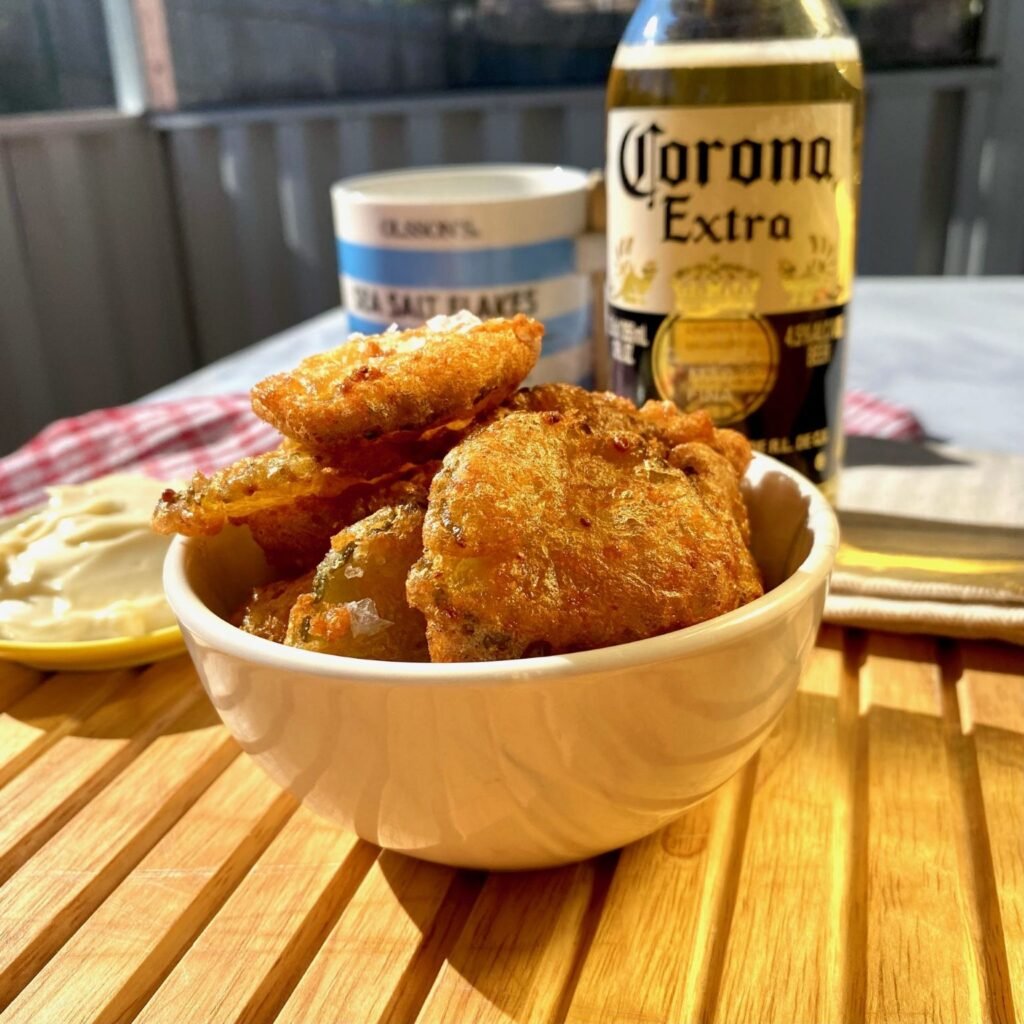 Batch frying Tempura Fried Pickles
